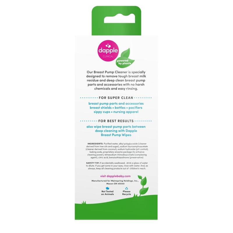 Dapple Baby Breast Pump Soap, fragrance-free, 8 oz, with cleaning instructions for breast pump parts and accessories.
