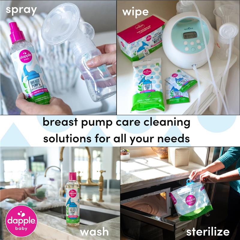 Dapple Baby Breast Pump Soap and cleaning supplies displayed on a countertop, including spray, wipes, and sterilization bag.