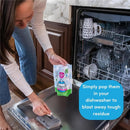 Dapple Baby Dishwasher Pacs package held by a person placing a pac inside a dishwasher, with text about usage visible.