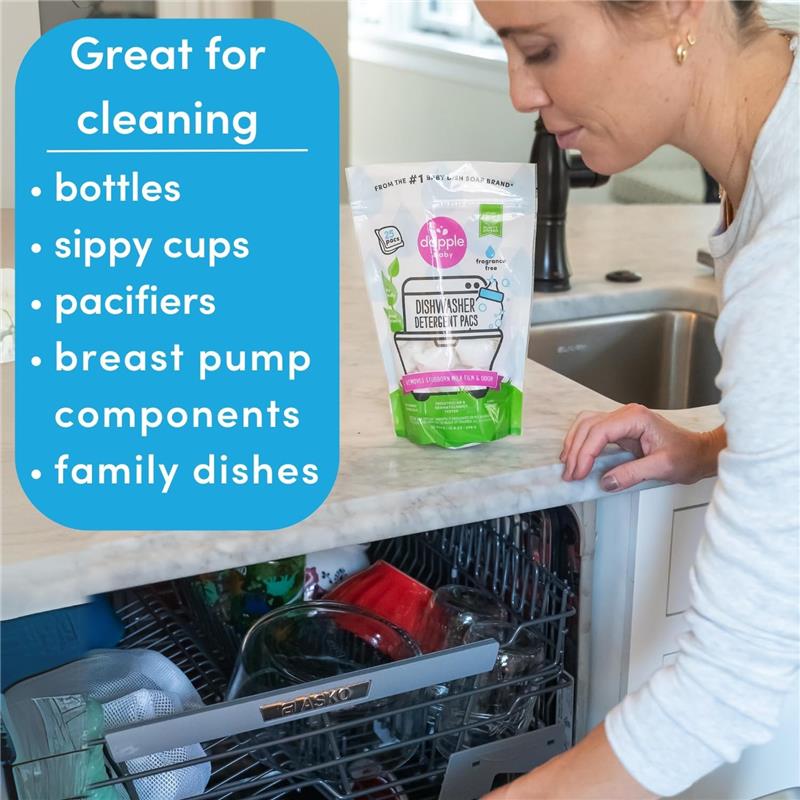 Dapple Baby Dishwasher Pacs 25 Ct on a countertop, with a woman loading a dishwasher, highlighting cleaning benefits for baby items.