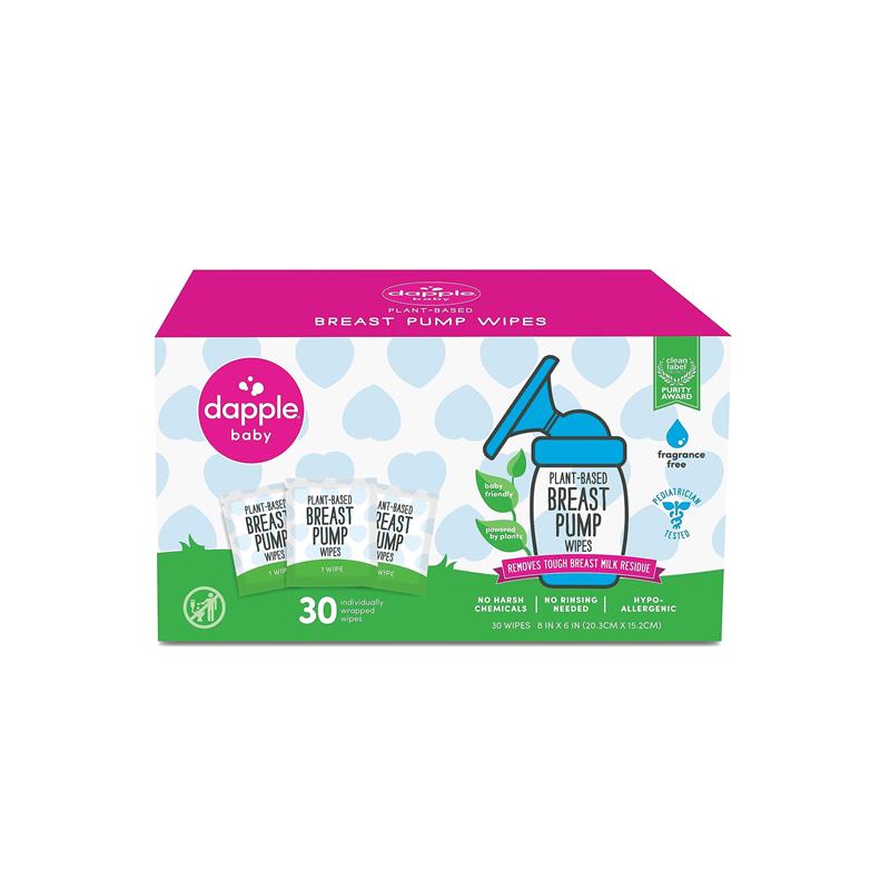 Dapple Breast Pump Wipes box containing 30 individually wrapped wipes, labeled as plant-based and fragrance-free.