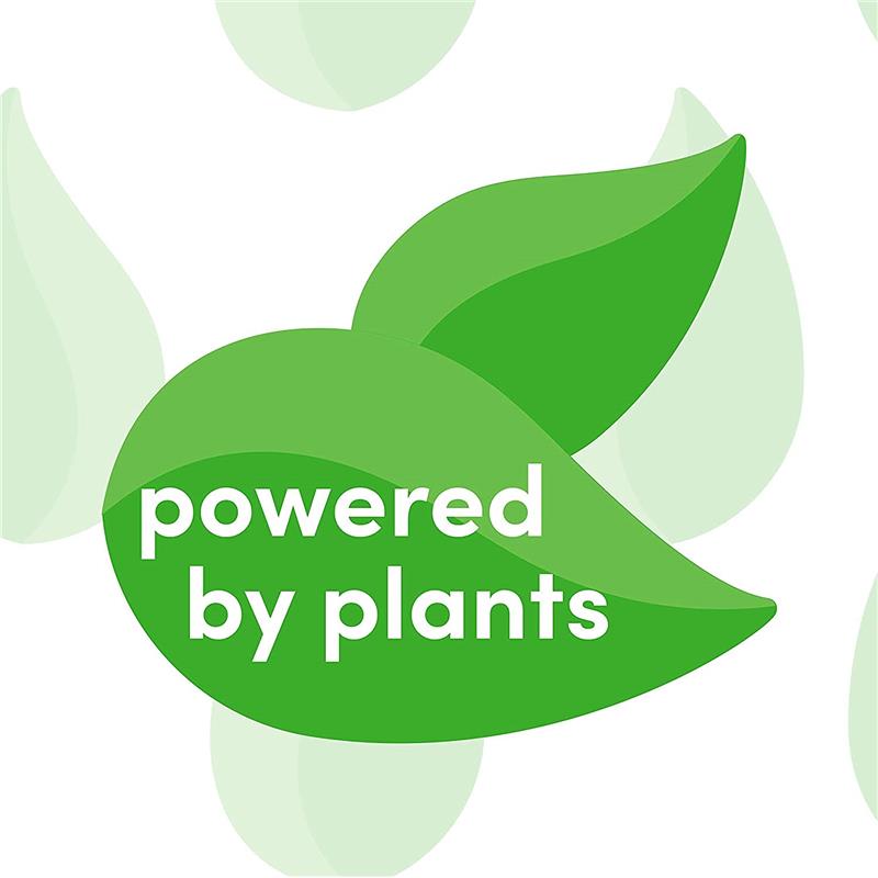 Green leaves graphic with the text “powered by plants,” emphasizing a plant-based product concept.