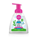 Dapple Foaming Dish Soap, 13 oz bottle, features a pink pump and labels highlighting its baby-friendly and fragrance-free qualities.