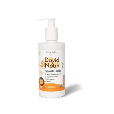 Baby Jolie David & Noah liquid body wash, 250 ml, featuring a lion illustration, chamomile calming action, and vegan ingredients.
