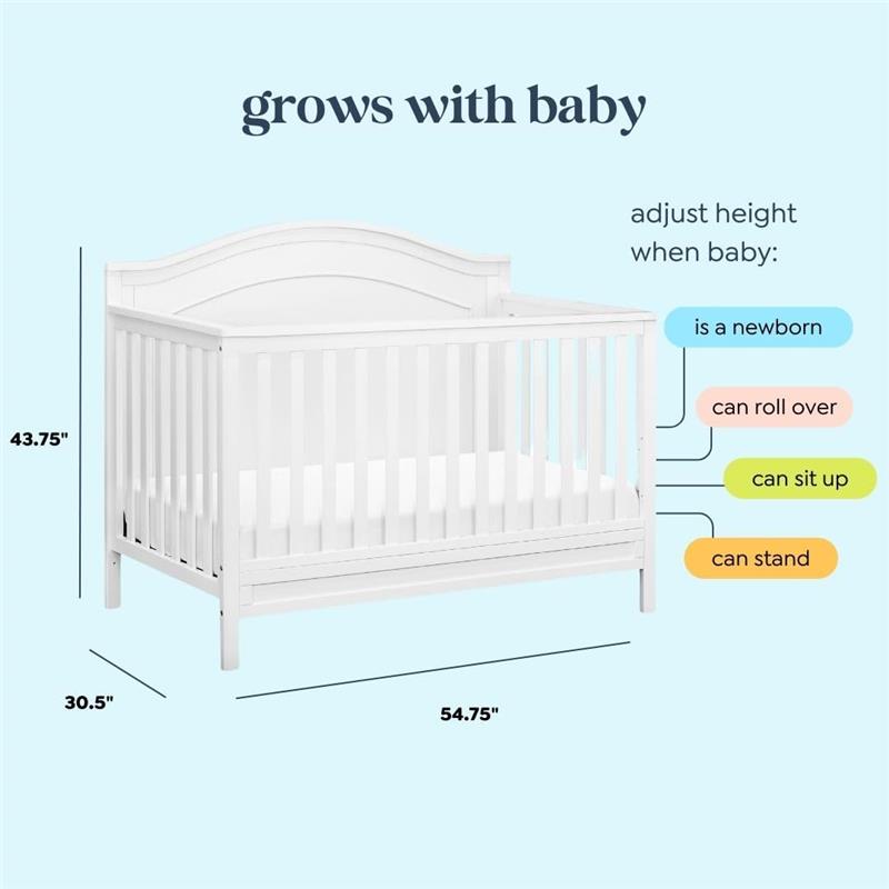 White DaVinci Charlie 4-In-1 Convertible Baby Crib with dimensions and features for height adjustment as the baby grows.