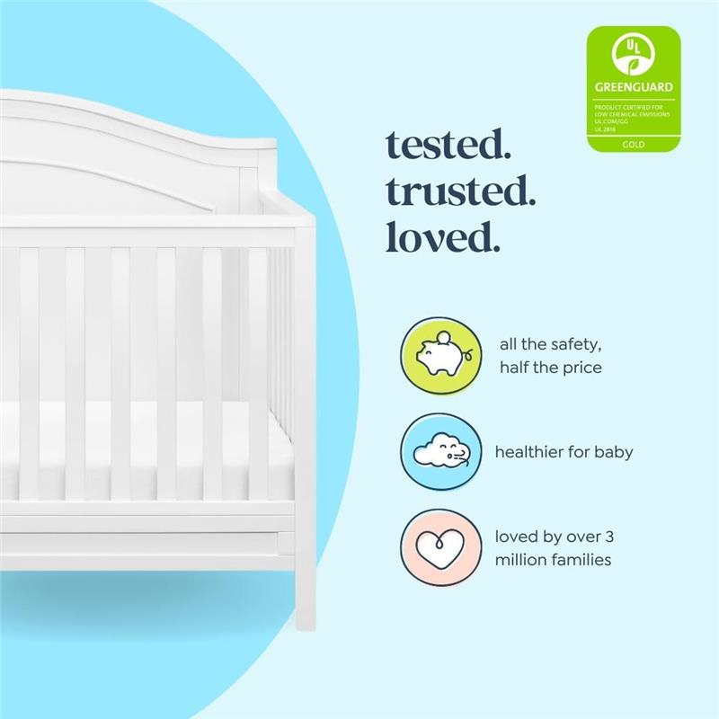 DaVinci Charlie 4-In-1 Convertible Baby Crib in white, featuring safety assurances and family endorsements.