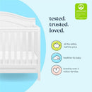 DaVinci Charlie 4-In-1 Convertible Baby Crib in white, featuring safety assurances and family endorsements.
