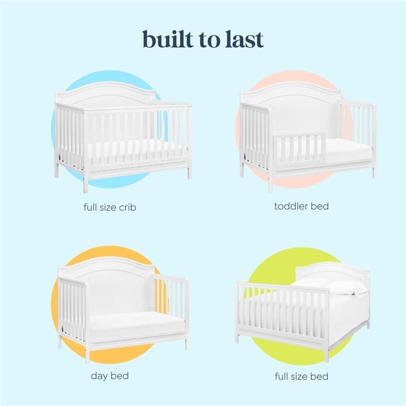 DaVinci Charlie 4-In-1 Convertible Baby Crib in white, showcasing its transformations: full size crib, toddler bed, day bed, and full size bed.