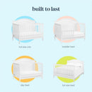 DaVinci Charlie 4-In-1 Convertible Baby Crib in white, showcasing its transformations: full size crib, toddler bed, day bed, and full size bed.