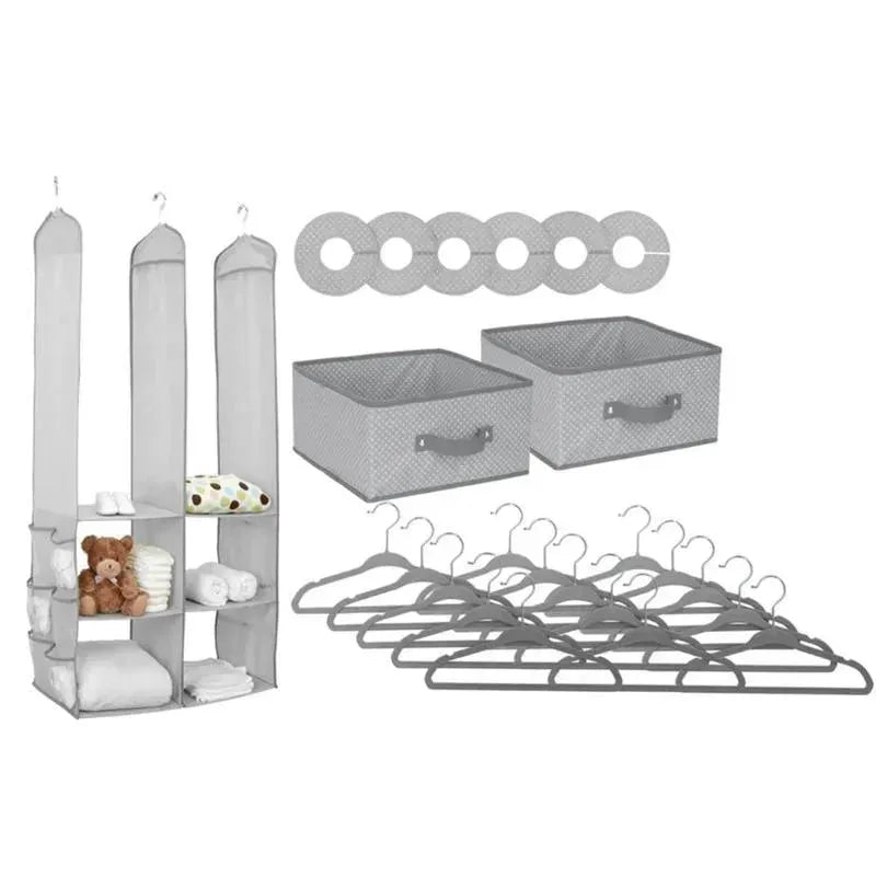 Dove grey nursery storage set including two bins, clothes hangers, a hanging organizer, and plush toys.
