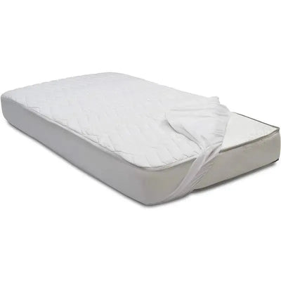 Delta Children Beautyrest fitted baby crib mattress pad cover in white, showcasing a quilted top and elastic edges for secure fit.