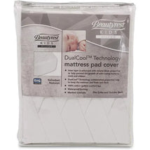 Delta Children Beautyrest fitted crib mattress pad cover in white, featuring DualCool technology, made of 100% cotton, waterproof, and machine washable.