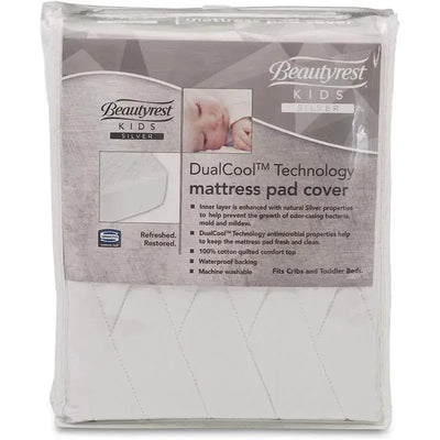Delta Children Beautyrest fitted crib mattress pad cover in white, featuring DualCool technology, made of 100% cotton, waterproof, and machine washable.