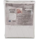 Delta Children Beautyrest fitted crib mattress pad cover in white, featuring DualCool technology, made of 100% cotton, waterproof, and machine washable.