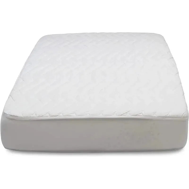 Fitted white crib mattress pad cover with a quilted texture, designed for baby crib mattresses.