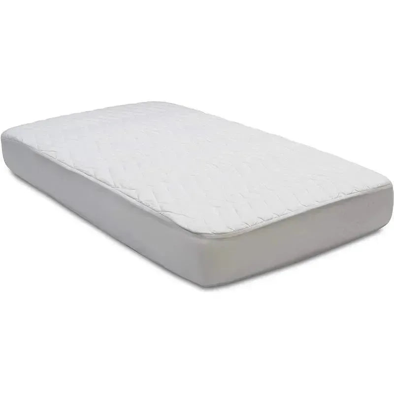 Fitted baby crib mattress pad cover in white, featuring a quilted surface and designed for infant comfort and protection.