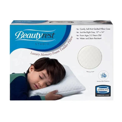Luxury memory foam toddler pillow with a soft quilted case, designed for ages 2-5, featured alongside a sleeping child.