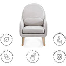 Delta Children Ella Rocker in Limestone Grey with rounded back, cushioned seat, and wooden legs; features non-toxic, easy-to-clean, durable design.