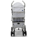 Gap Classic Umbrella Stroller in grey, featuring a lightweight frame and a striped canopy, designed for easy transport.