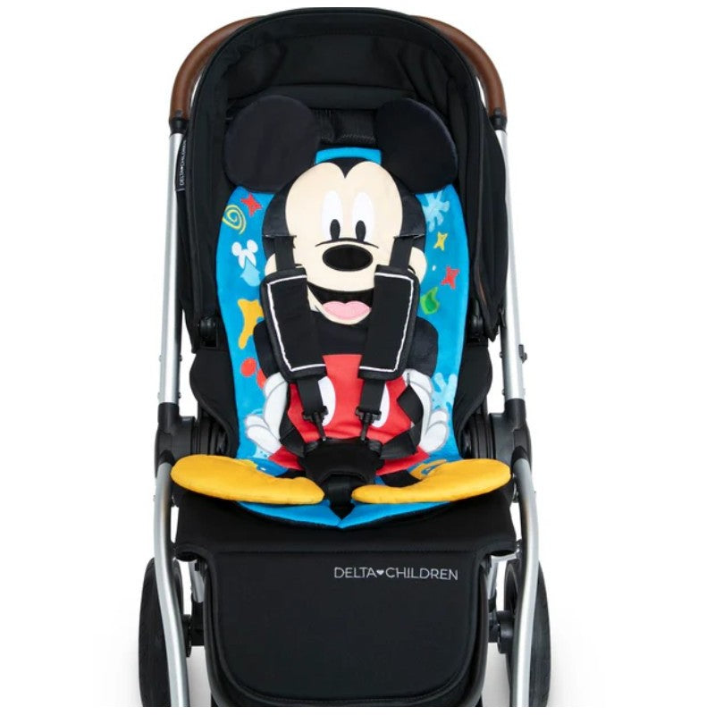 Disney Mickey Mouse seat pad stroller insert featuring bright colors and character design, suitable for child comfort and safety.