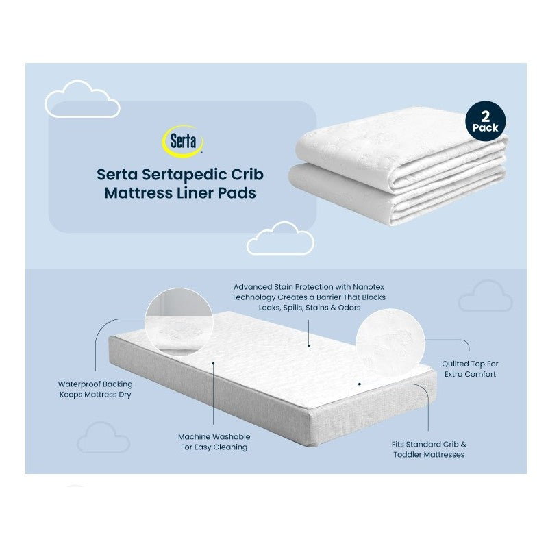Delta Sertapedic Crib Mattress Liner Pads (2 pack) with waterproof backing, quilted top, and Nanotex technology for easy cleaning.