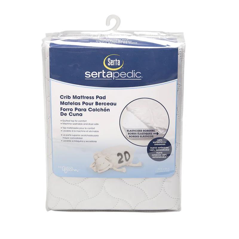 Fitted crib mattress pad by Serta Sertapedic, featuring waterproof materials, elasticized borders, and machine washable care instructions.