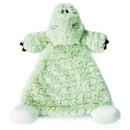 Soft green alligator rattle blankie with a textured body, sleepy eyes, and white plush feet, perfect for comforting infants.