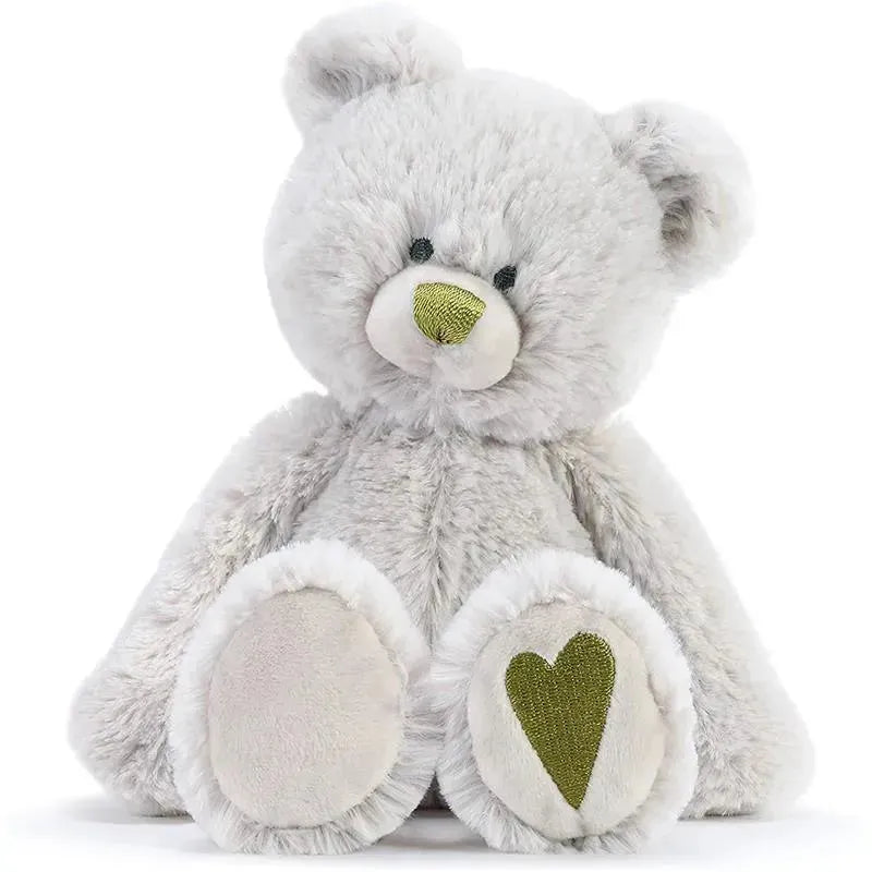 Plush bear with a soft gray fur, green nose, and heart-patterned paw, representing the August birthstone.
