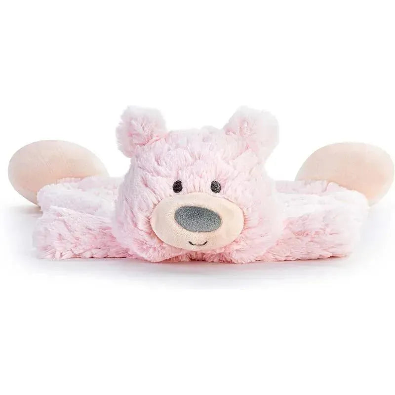 Pink bear rattle blankie with soft fur, a friendly face, and extended blanket arms, designed for infants.