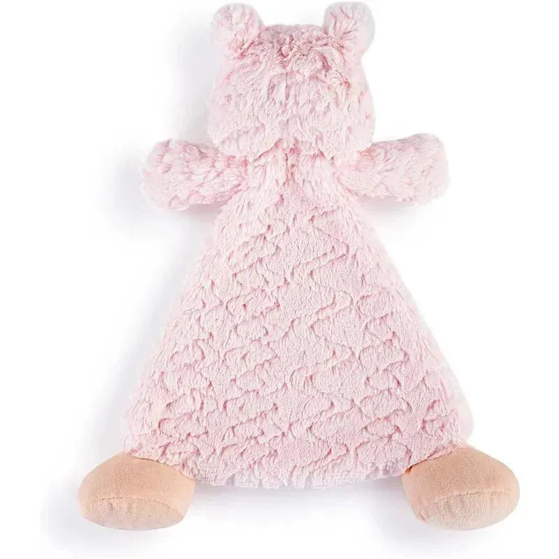 Pink bear-shaped rattle blankie featuring soft textured fabric and plush footpads, designed for infants.