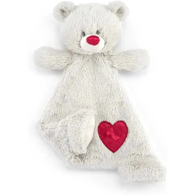 Stuffed animal blankie bear in grey with a red heart and nose, designed for infants as a comforting item.