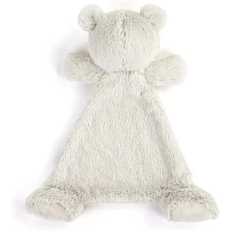 Stuffed animal blankie bear in soft grey, featuring a bear head and four attached arms, designed for comfort and warmth.