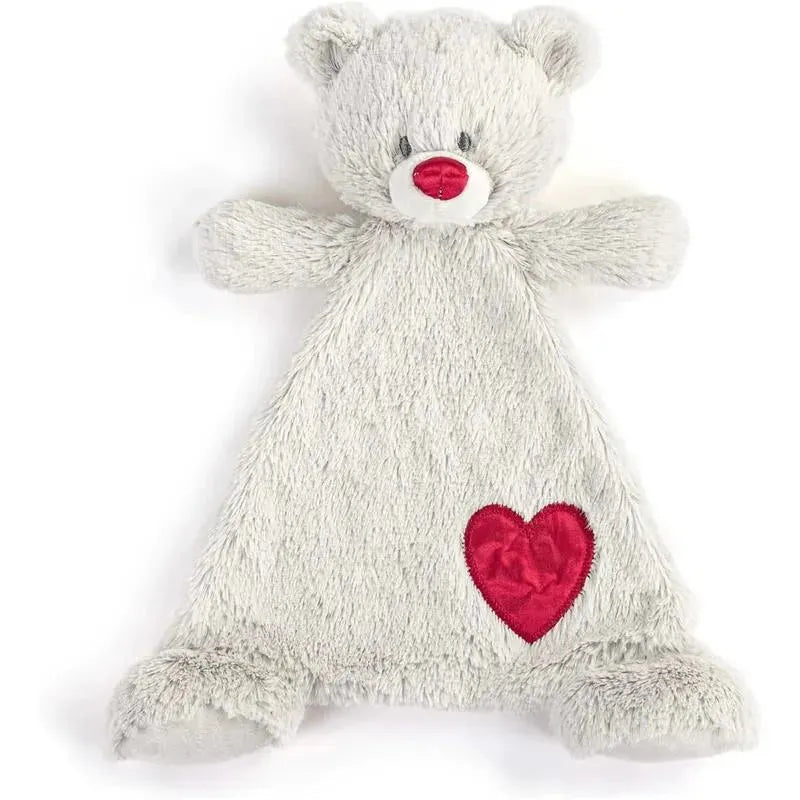 Stuffed bear blankie in grey with a red heart patch on its body, designed for infants, symbolizing comfort and security.