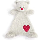 Stuffed bear blankie in grey with a red heart patch on its body, designed for infants, symbolizing comfort and security.
