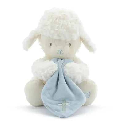 Blue mechanical lamb toy with fluffy white fur, holding a soft blue blanket featuring a cross design.