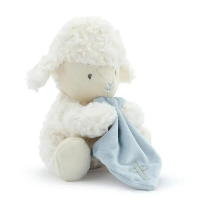 Demdaco mechanical lamb toy with fluffy white fur and blue blanket, featuring a smiling face and stitched details.