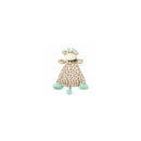 Green and brown giraffe rattle blankie with a plush head, arms, and teal feet, designed for infants.