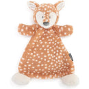 Stuffed animal rattle blankie featuring a tan and white fawn character with soft fabric and polka dots, ideal for infants.