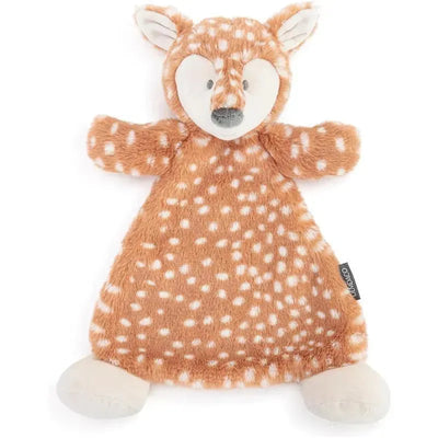 Stuffed animal rattle blankie featuring a tan and white fawn character with soft fabric and polka dots, ideal for infants.