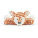 Tan and white plush stuffed animal of a fawn, featuring a soft rattle blankie design, suitable for cuddling and comfort.