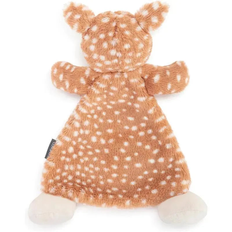Cozies Fiona Fawn, a tan and white stuffed animal security blanket with polka dots, featuring soft fabric and a rattle.