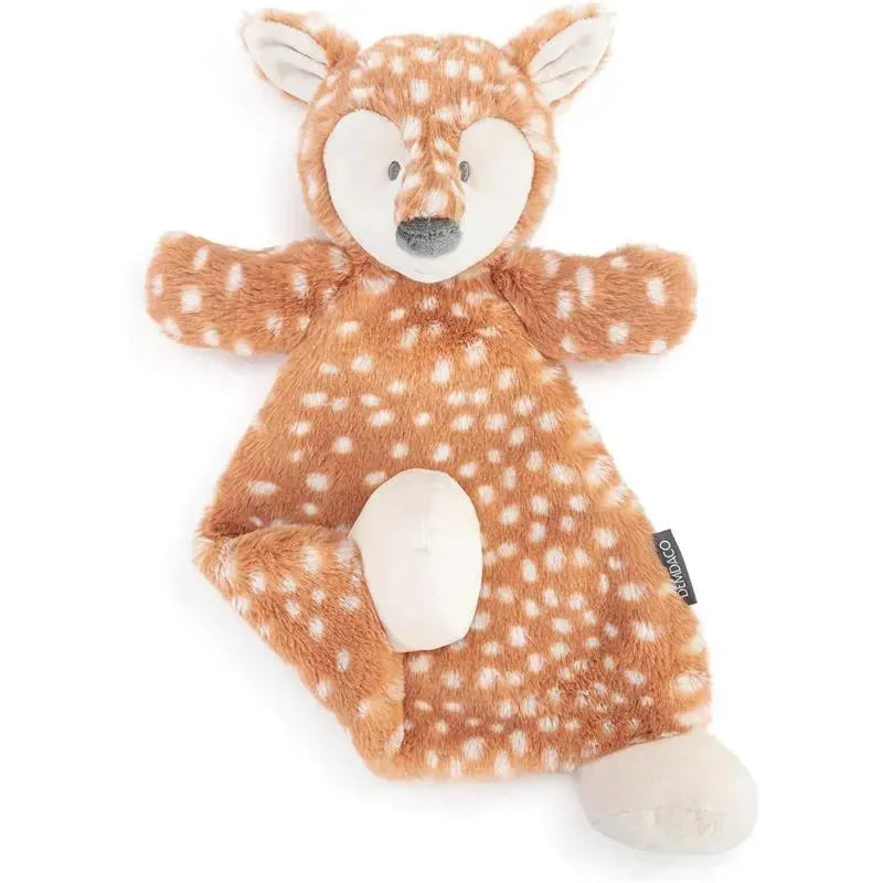 Tan and white plush stuffed animal resembling a fawn, designed as a security snuggly rattle blankie with soft textures.