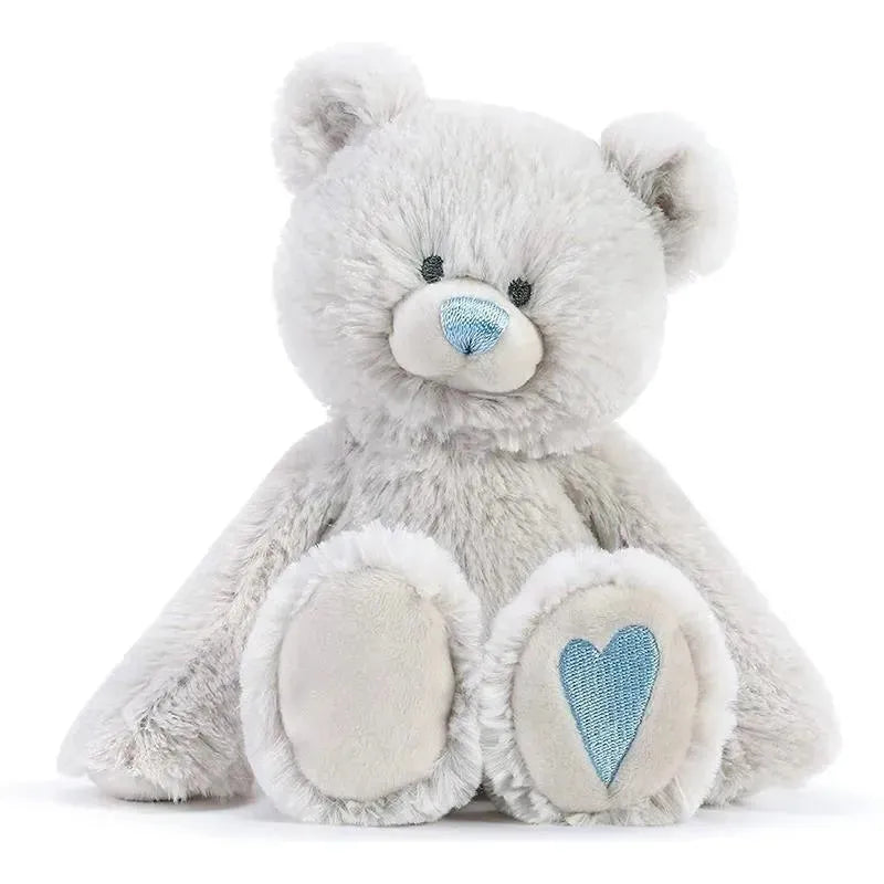 Plush bear with a soft gray body, blue nose, and a heart on its paw, representing the December birthstone.