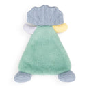 Soft, plush dinosaur-themed blankie in green with a knitted blue head, striped arms, and yellow textured details.