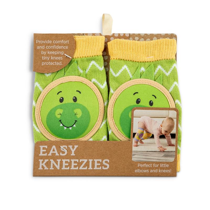 Green and yellow dinosaur-themed knee pads for infants, featuring a smiling dinosaur face and protective padding.