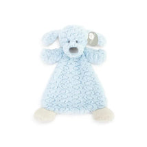 Soft blue dog rattle blankie featuring floppy ears and a textured body, ideal for comforting babies.