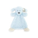 Soft blue dog rattle blankie featuring floppy ears and a textured body, ideal for comforting babies.