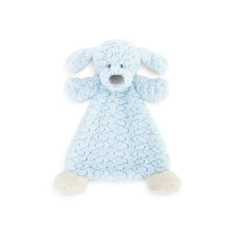 Soft, light blue dog-shaped rattle blankie with plush ears, a textured body, and beige feet, perfect for infants.