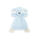 Soft, light blue dog-shaped rattle blankie with plush ears, a textured body, and beige feet, perfect for infants.
