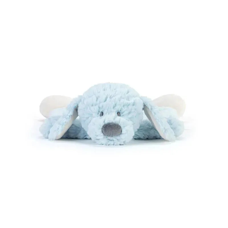 Soft blue dog rattle blankie with floppy ears and a plush body, designed for infants and toddlers.
